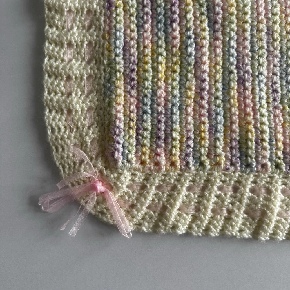 Vintage Cream Pastel Crochet Satin Weave Trim Baby Blanket Approx  25